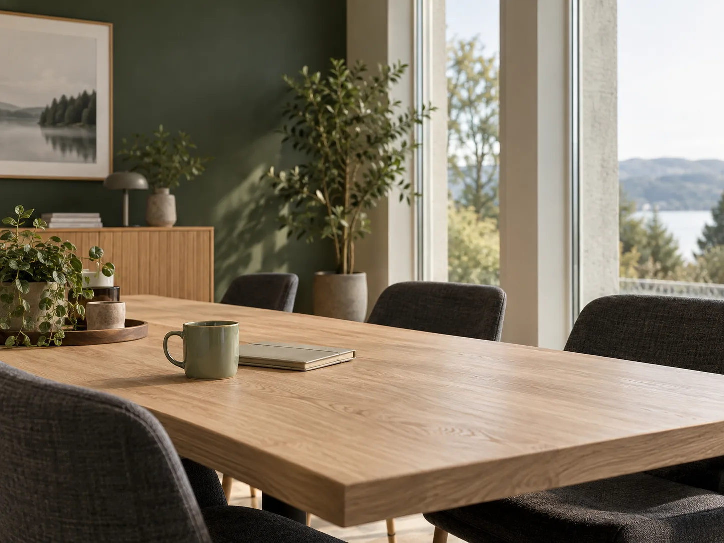 Illustrasjon av et lyst kontor med trebord, grønne planter og en kaffekopp.